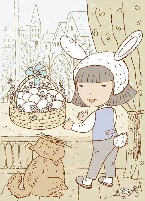 一个小女孩和一只猫在复活节的矢量图像