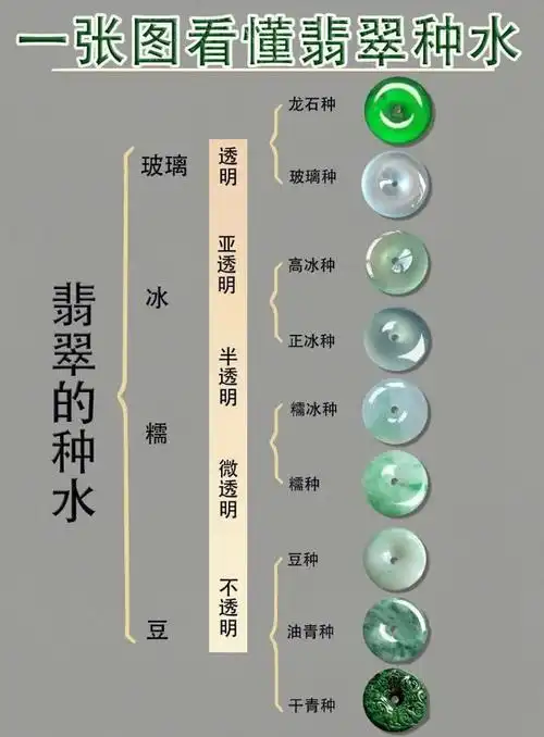 在业内把翡翠种水等级划分为五个大的级别,龙石种,玻璃种,冰种,糯种