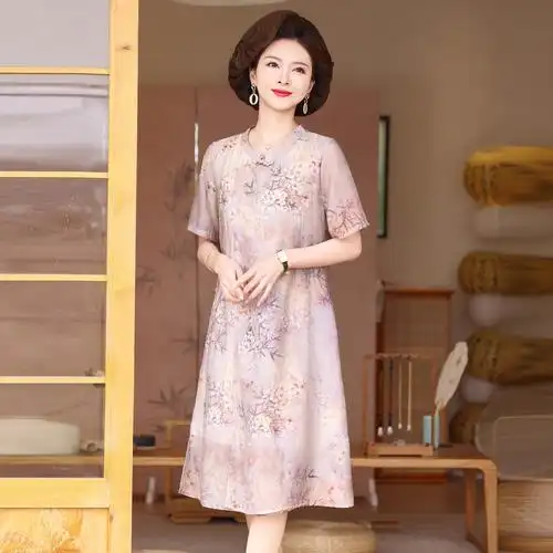 年轻妈妈连衣裙夏时尚中年妇女减龄雪纺夏装新款裙子40-50岁女装