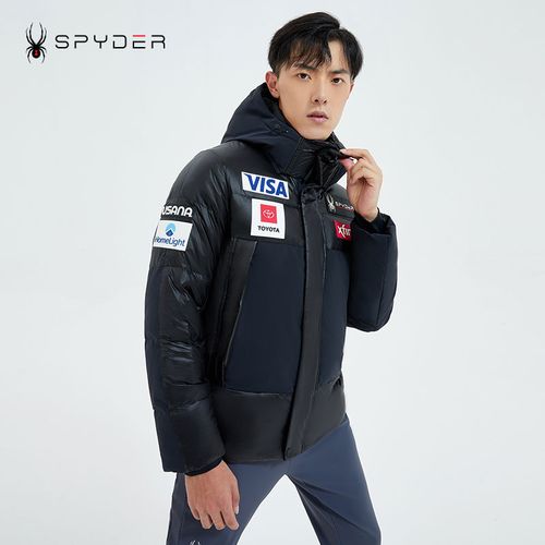 spyder蜘蛛羽绒服男联名款运动潮牌短款鹅绒外套亮皮连帽防寒服厚