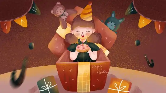 棕色系卡通可爱生日快乐女孩捧着蛋糕配图2880x1620dpi300psd模版下载