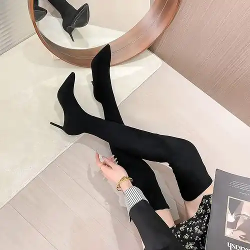 长筒过膝靴弹力感高跟绒面黑色长靴女2023新款秋冬性感细跟尖头