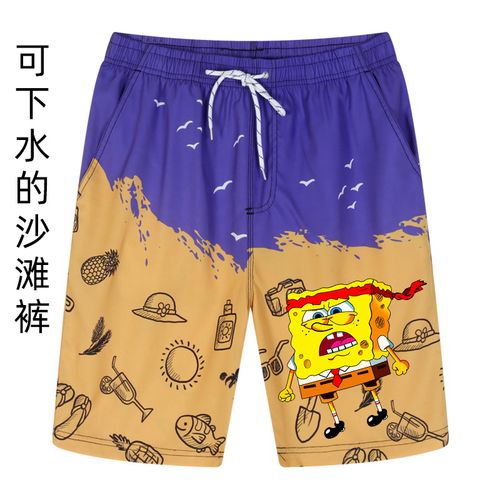 卡通动漫海绵宝宝五分沙滩裤男速干海边度假泳裤休闲裤