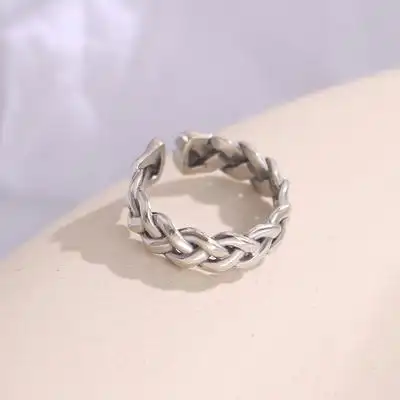 925银戒指纯银复古手工指环个性麻花编织开口简约尾戒女时尚ins潮