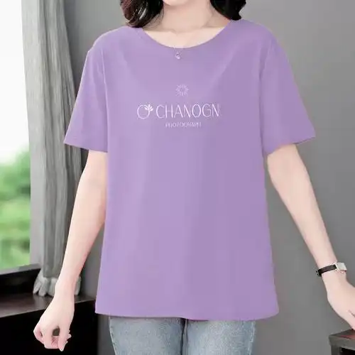 女士短袖t恤女装200斤洋气体恤遮肚纯棉上衣胖mm宽松新款夏季大码