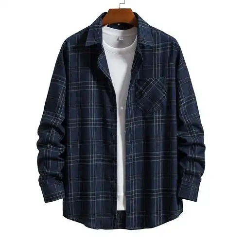 2021春秋外贸新款男生休闲翻领宽松衬衫外套男装休闲格子长袖衬衫