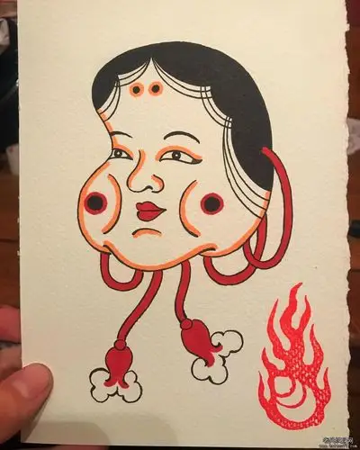 日式彩色能面多福纹身图案