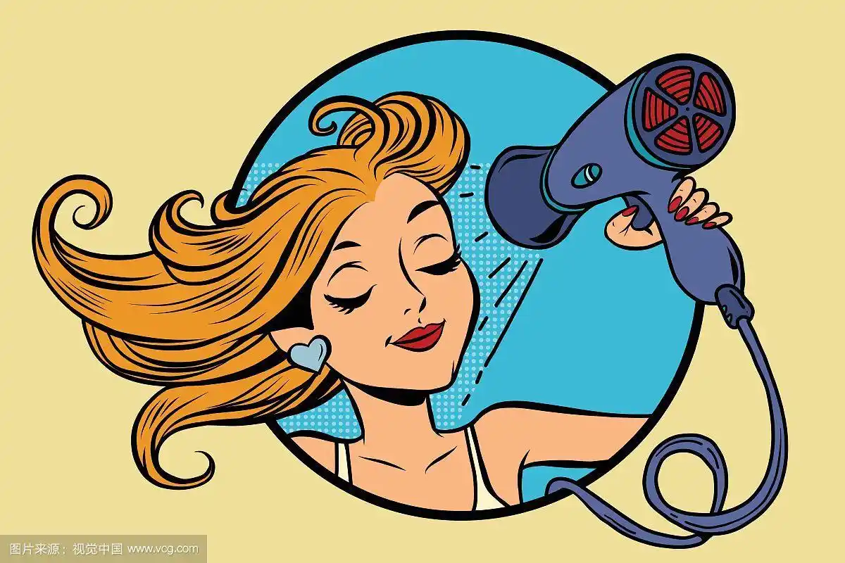 美丽的女孩正在用吹风机吹头发