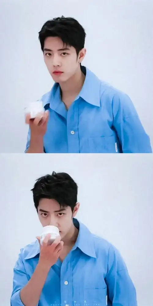 肖战蓝色衬衫直播造型