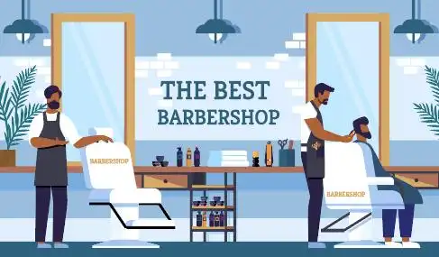 蓝色卡通手绘理发店理发插画图片