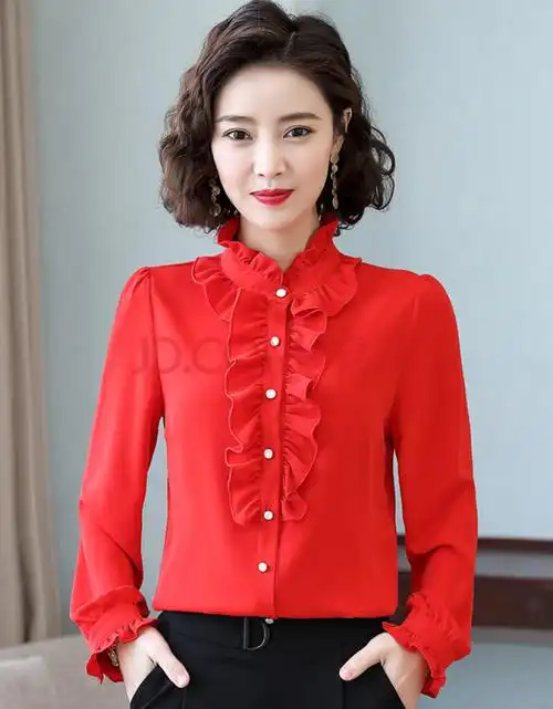衬衫长袖女春秋季韩版时尚甜美立领荷叶边衬衣设计感洋气上衣 红色 s