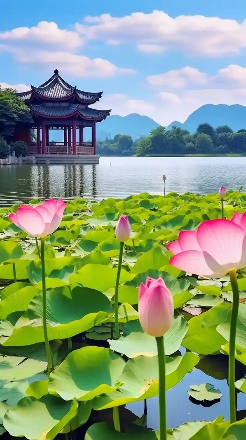 美丽的荷塘在蓝天白云下,显得格外的美丽,荷花婷婷婷玉立,娇妍 - 抖音