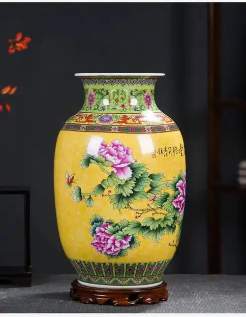 景德镇仿古珐琅彩富贵满堂牡丹花冬瓜瓶小花器摆件陶瓷工艺品馈赠