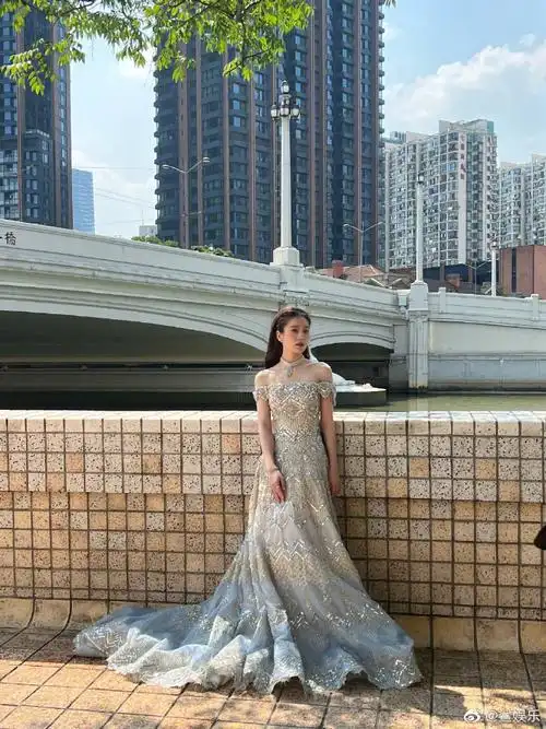 张雪迎礼服好闪##张雪迎一字肩镶钻礼裙