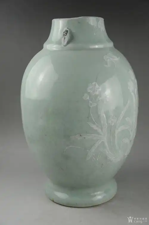 清三代乾隆豆青地堆白花鸟纹瓶景德镇老瓷器包老古董古玩插花收藏