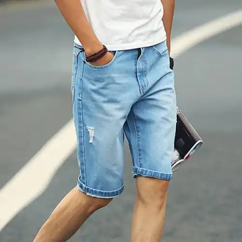 2015夏装新款男士休闲牛仔短裤 水洗牛仔裤破洞牛仔短裤男青年 浅蓝色