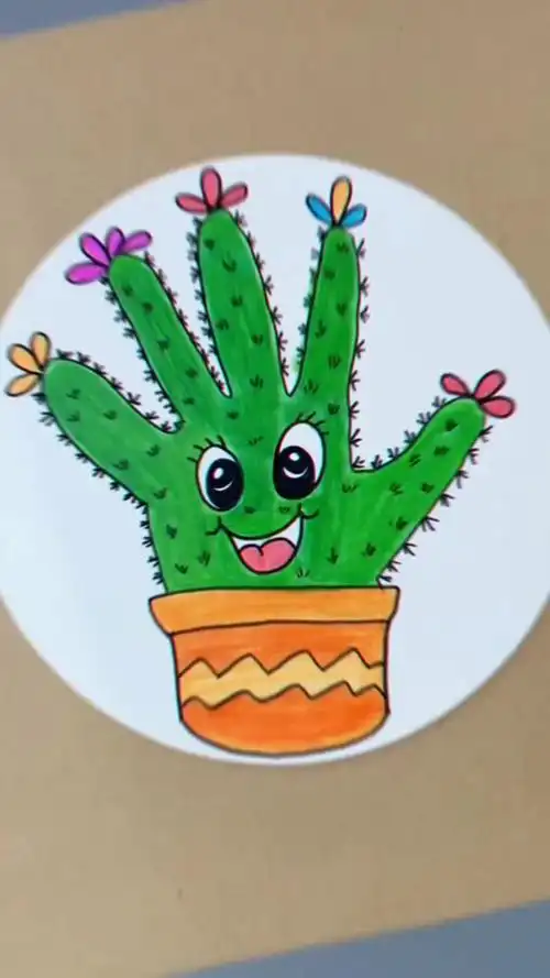 手工制作用宝贝的小手掌画一颗仙人掌