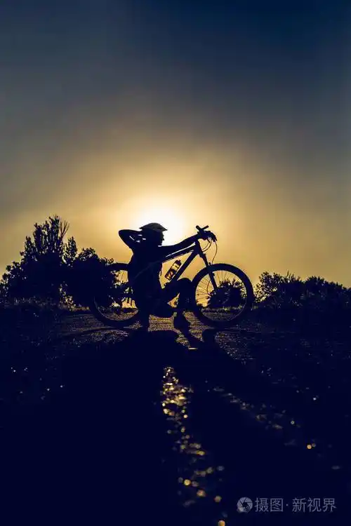 夏天日落时骑自行车的女孩的剪影
