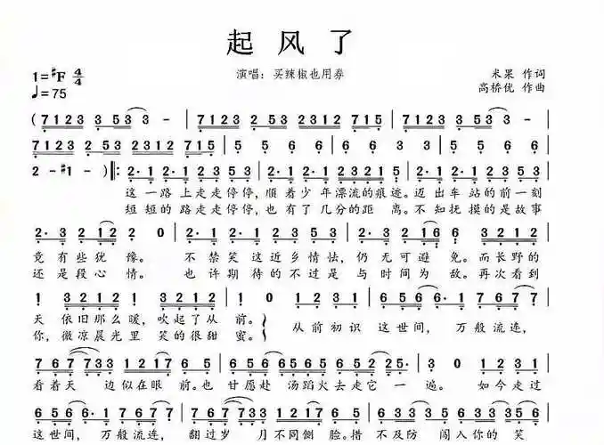 《起风了》简谱如下:   歌曲以升f调作为原调,节拍是4/4拍,歌曲节奏呈