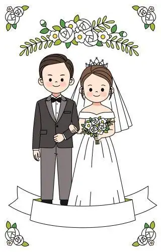 一对卡通新郎新娘结婚照插画