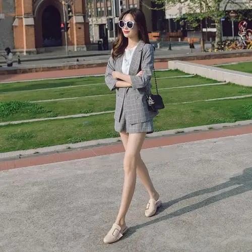 chic小西装套装女休闲夏2019新款韩版英伦气质短裤格子西服外套秋