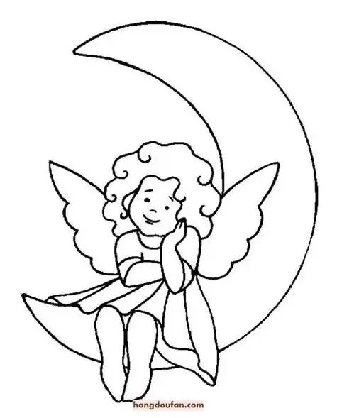 10张梦境中的月亮和可爱小天使卡通儿童填色图片-红豆饭小学生简笔画