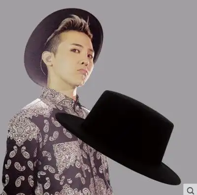 权志龙遮阳休闲黑色礼帽复古绅士英伦风平顶平沿毛呢男女爵士帽子