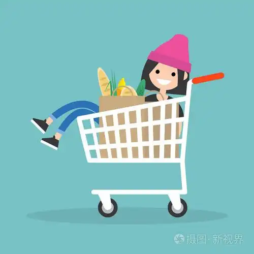 年轻的女性性格在超市里闲逛乘坐手推车平面可编辑矢量插图剪辑艺术