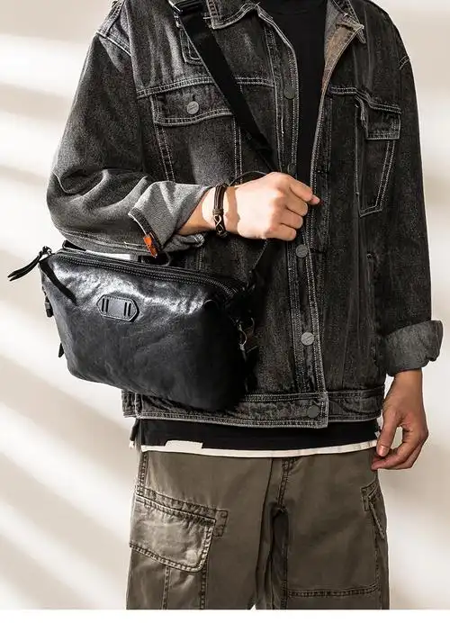 凯特希简约男士斜挎包ins男生背包牛皮日系时尚潮流单肩包黑色头层