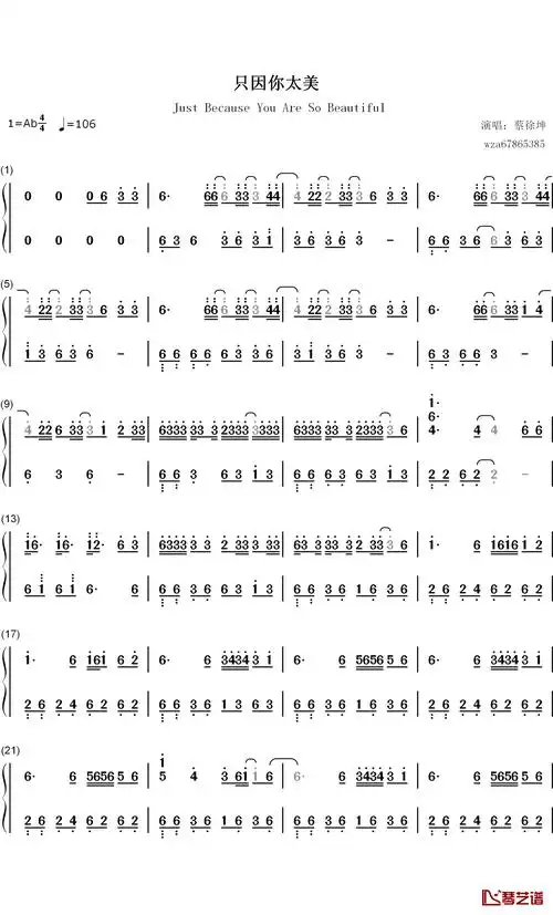 只因你太美钢琴简谱-数字双手-蔡徐坤1