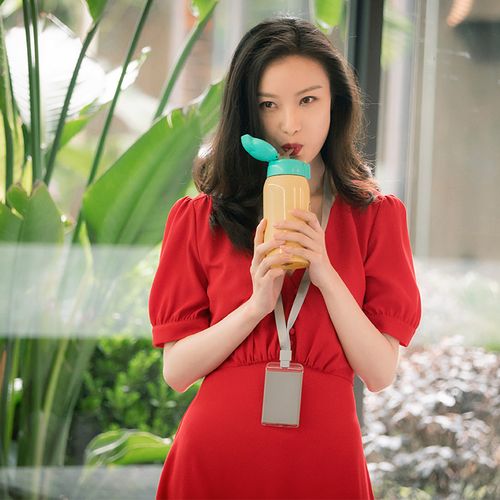 topuna 流金岁月倪妮同款朱锁锁红裙泡泡袖v领连衣裙短袖气质纽扣