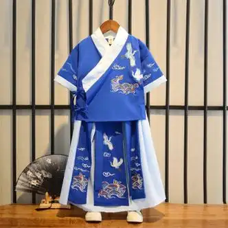 汉服中国风儿童唐装春夏季复古风宝宝表演礼服六一演出服套装蓝色90