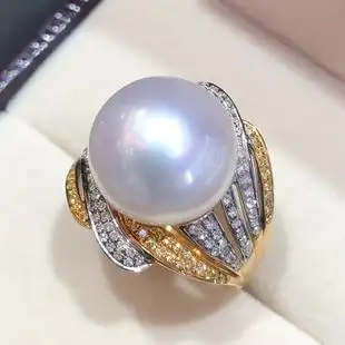 气质奢华款 13mm 南洋白珍珠戒指正圆18k金钻石镶嵌海水澳白指环12