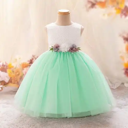 欧美新款儿童礼服裙无袖拼色花朵网纱小女孩生日公主裙六一演出服