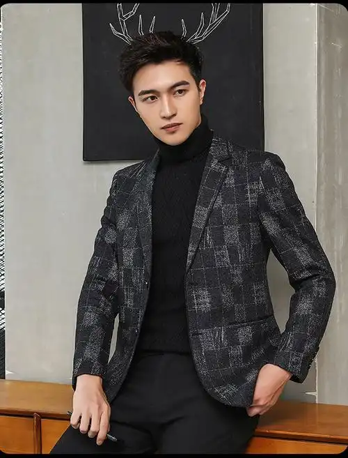 【模特图】男士羊毛西装外套 加厚休闲西装西服男上衣 676-p265