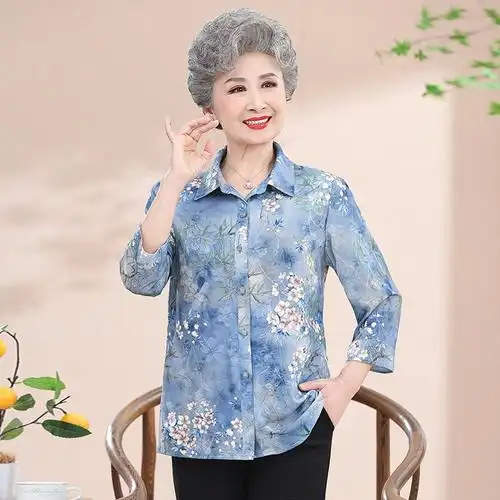 中老年女装妈妈装夏装雪纺衬衫老太太60岁夏季短袖衬衣婆婆上衣