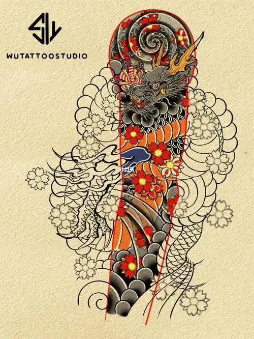 日式老传统龙 樱花 花臂手稿#广州纹身  #纹身也清新  #樱花臂  #花臂