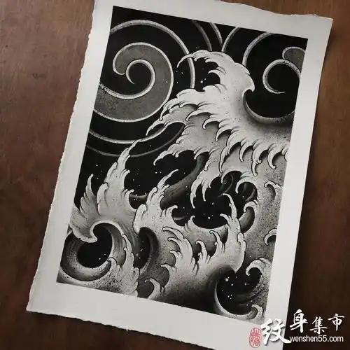水浪浪花纹身手稿图案