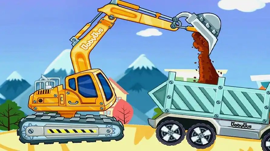 宝宝巴士儿童游戏之宝宝认工程车 挖掘机和运输车装载泥土