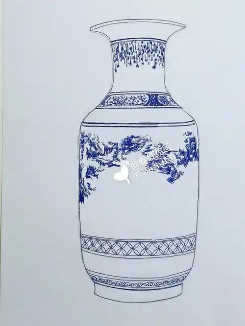 钢笔画《青花瓷瓶》