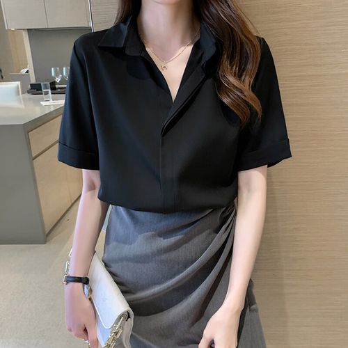 职业套装通勤正装教师面试衬衫女短袖夏季学生穿搭工作 黑色衬衫 s