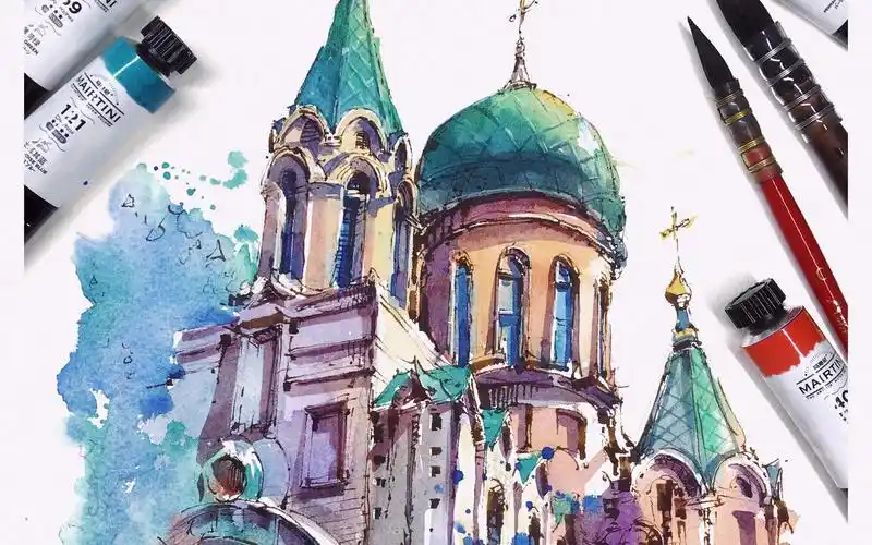 凌峰钢笔淡彩哈尔滨索菲亚教堂上色过程水彩教程
