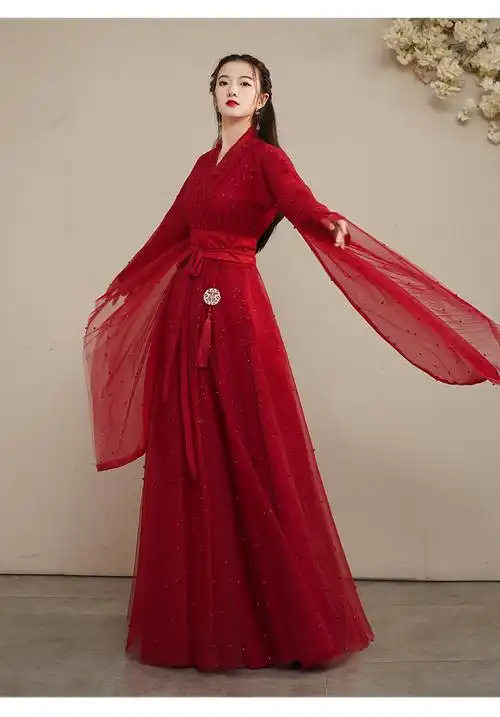 女装原创汉服女冬季古装飘逸超仙中国风裙学生年会舞蹈演出服红色宋制