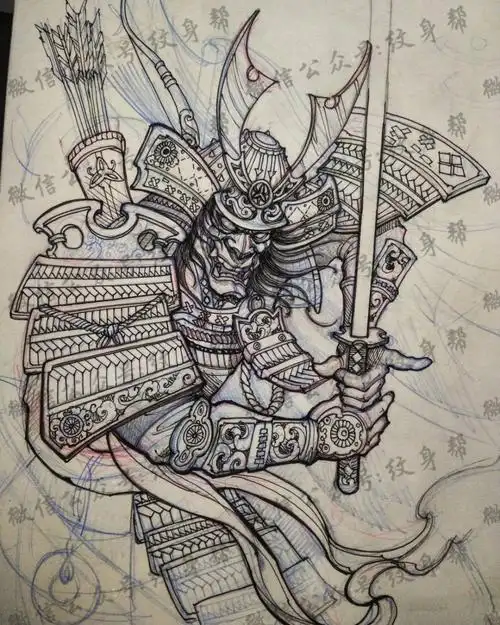 传统鬼武士纹身图案手稿