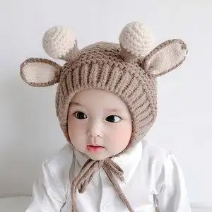 婴儿帽子秋冬季护耳宝宝毛线帽超萌可爱男女童帽鹿角针织儿童帽子