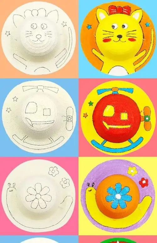 diy墙面装饰创意美劳材料手工美术涂鸦帽子3到16岁空白草帽12色颜料