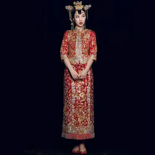 2018年新款婚纱中式婚纱宫廷复古中国风新娘礼服嫁衣敬酒服龙凤褂