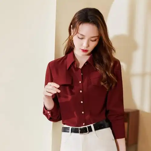 女先生女士衬衫 红色雪纺衬衫女职业套装2022早秋新款时尚高级感复古
