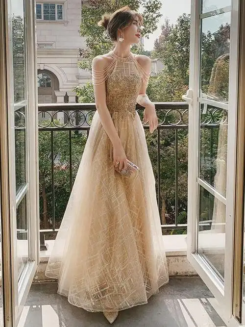 宴会晚礼服2020新款气质年会主持人香槟色名媛礼服cosplay女装