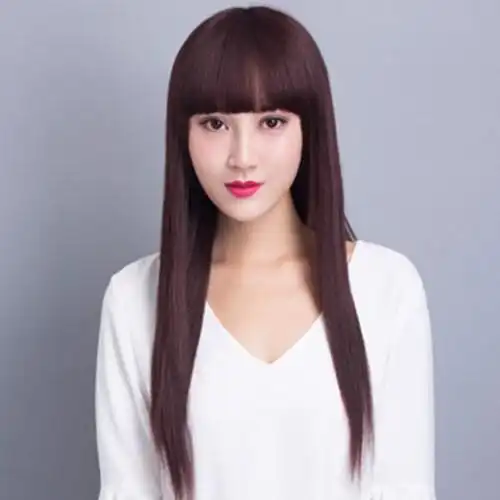 宫秀真发齐刘海假发女长直发真人发丝时尚手织整顶发套逼真自然